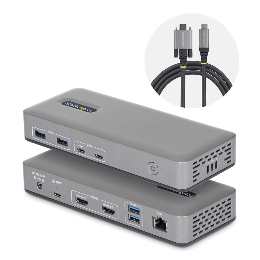 StarTech.com Dual-Monitor USB-C Docking Station, HDMI, 4K 60Hz, 100W Laptop Charging, 1GbE, Driverless, Multi-Monitor Dock For Windows