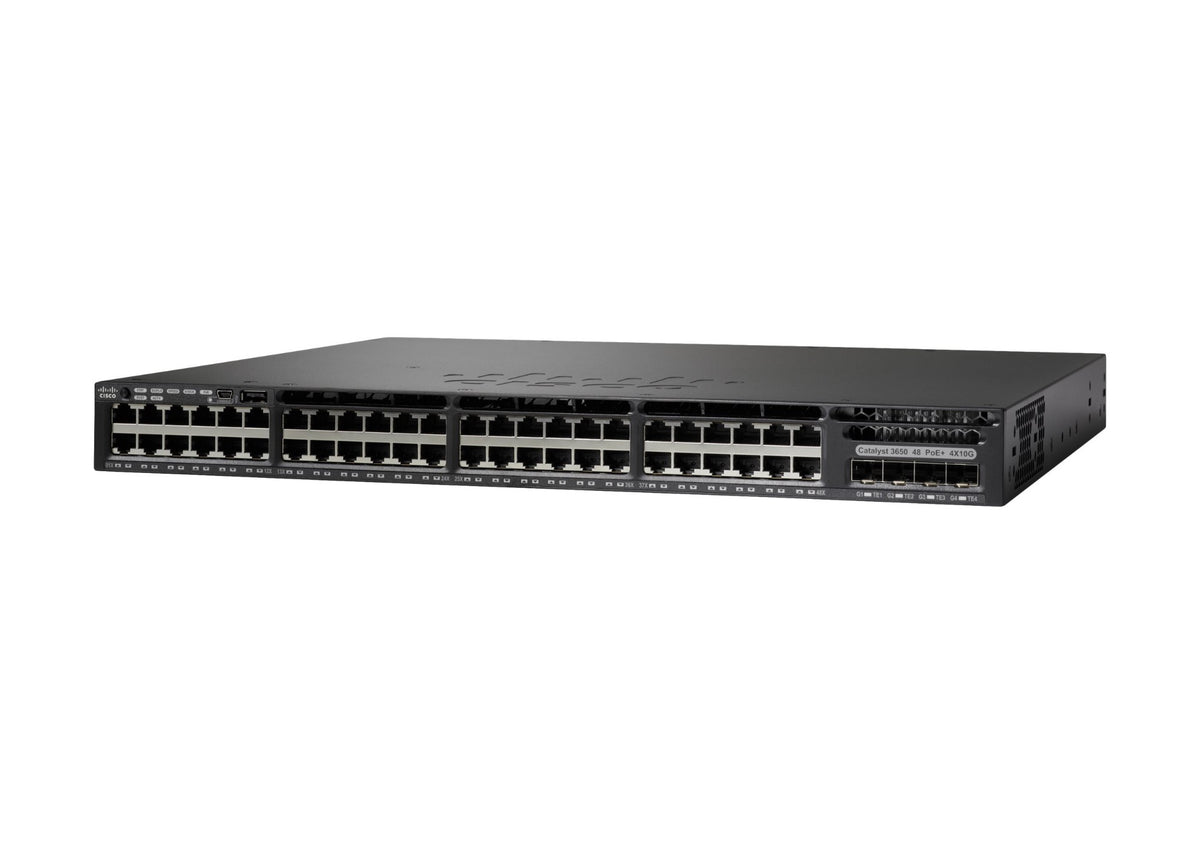 Cisco Catalyst 3650-48PS-S Network Switch, 48 Gigabit Ethernet (GbE) PoE+ Ports, four 1 G Uplinks, 640WAC Power Supply, 1 RU, IP Base Feature Set, Enhanced Limited Lifetime Warranty (WS-C3650-48PS-S)