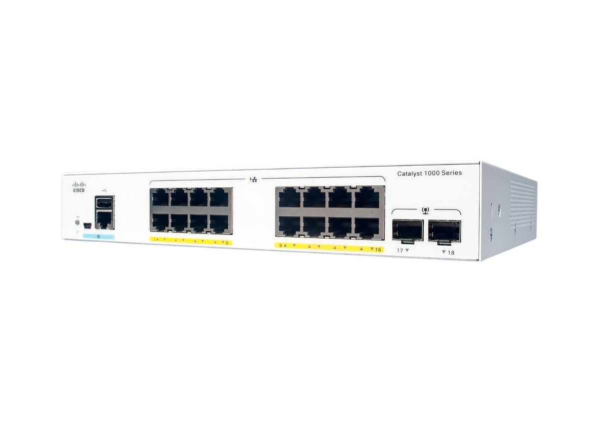 Cisco Catalyst 1000-16T-2G-L Network Switch, 16 Gigabit Ethernet (GbE) Ports, two 1 G SFP Uplink Ports, Fanless Operation, Enhanced Limited Lifetime Warranty (C1000-16T-2G-L)