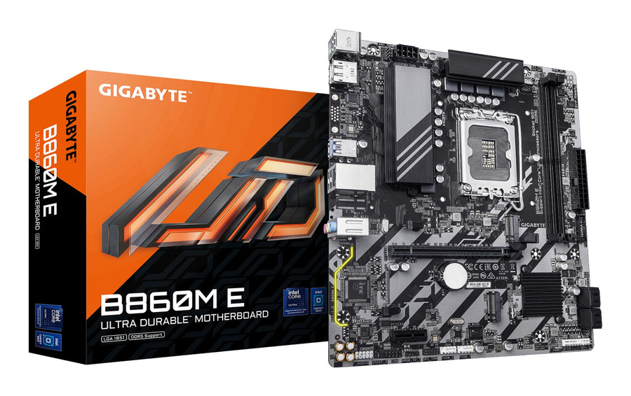 GIGABYTE B860M E Motherboard - Intel Core Ultra Series CPUs, 4+1+2 Phases VRM, up to 8800MHz DDR5 (O.C), 2xPCIe 4.0 M.2, 1GbE LAN, USB 3.2 Gen 1