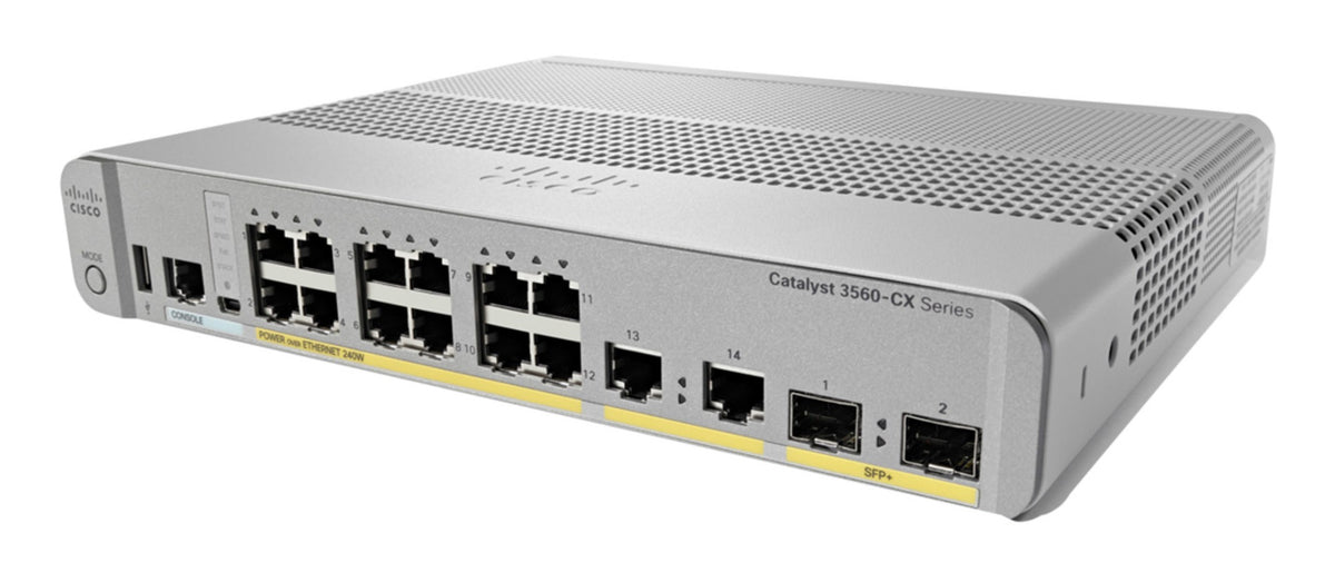 Cisco Catalyst 3560CX-12PD-S Network Switch, 12 Gigabit Ethernet Ports, 12 PoE+ Outputs, 240W PoE Budget, two 10 G SFP+ and two 1 G Copper Uplinks, Enhanced Limited Lifetime Warranty (WS-C3560CX-12PD-S)