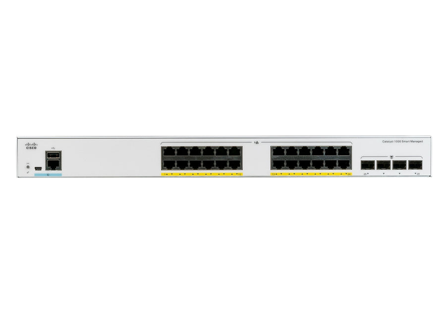 Cisco Catalyst 1000-24P-4X-L Network Switch, 24 Gigabit Ethernet (GbE) PoE+ Ports, 195W PoE Budget, four 10 G SFP+ Uplink Ports, Fanless Operation, Enhanced Limited Lifetime Warranty (C1000-24P-4X-L)