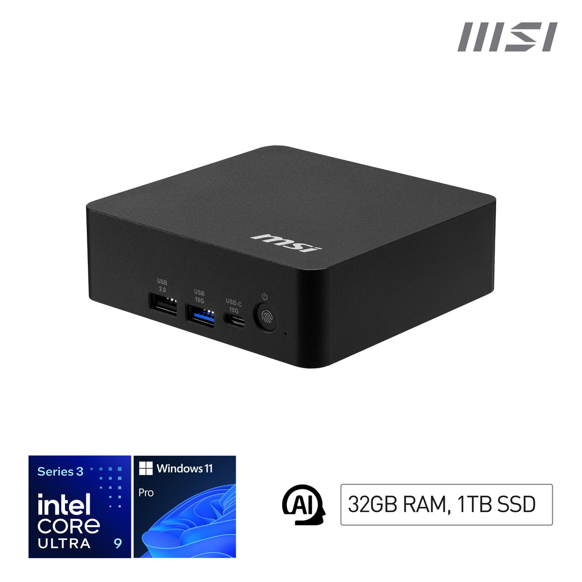 MSI Cubi NUC AI+ 3MG Intel Core Ultra 9 386H (18MB Cache), 32GB DDR5-SDRAM, 1000GB SSD, Intel Graphics, LAN, WLAN, Bluetooth, Windows 11 Pro - NUC AI+ 3MG i9 386H FS 32GB 1TB W11PP