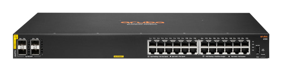 HPE Aruba Networking Aruba 6100 24G Class4 PoE 4SFP+ 370W Managed L3 Gigabit Ethernet (10/100/1000) Power over Ethernet (PoE) 1U Black