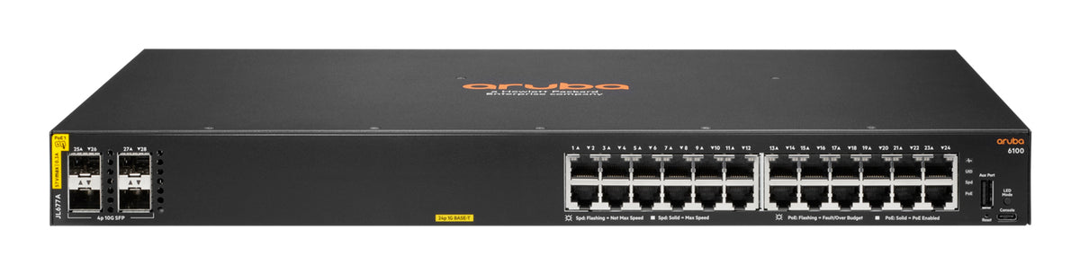 HPE Aruba 6100 24G Class4 PoE 4SFP+ 370W Managed L3 Gigabit Ethernet (10/100/1000) Power over Ethernet (PoE) 1U