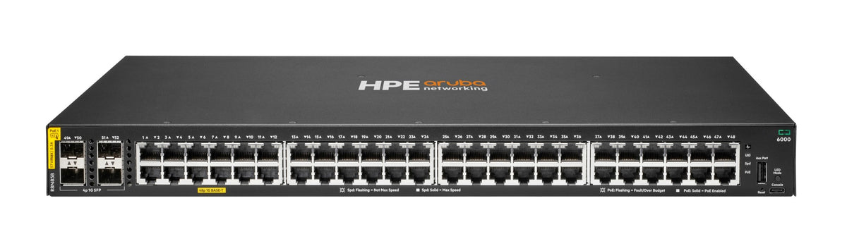 HPE Aruba Networking CX 6000 48p 10M/100M/1G Class4 PoE 4p SFP 1G 370W Switch