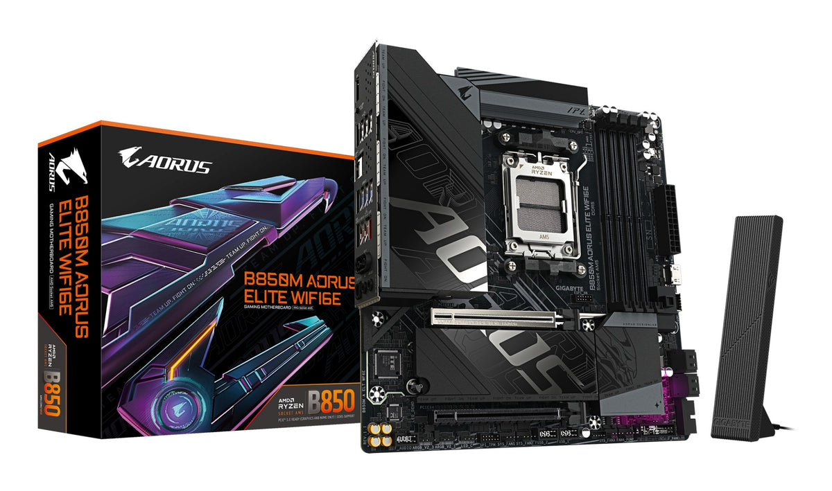 GIGABYTE B850M AORUS ELITE WIFI6E Motherboard - AMD Ryzen 9000 Series CPUs, 12+2+2 Phases Digital VRM, up to 8200MHz DDR5 (OC), 1xPCIe 5.0 + 1xPCIe 4.0 M.2, WIFI 6E, 2.5GbE LAN, USB 3.2 Gen 2