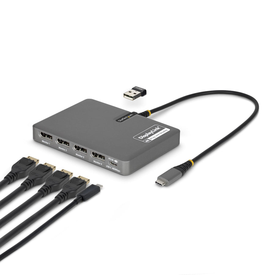 StarTech.com USB-C to Quad-Monitor Workstation Adapter, 4K 60Hz DisplayPort, 140W PD Passthrough for Laptop Charging, USB Port for Wireless Keyboard / Mouse, TAA