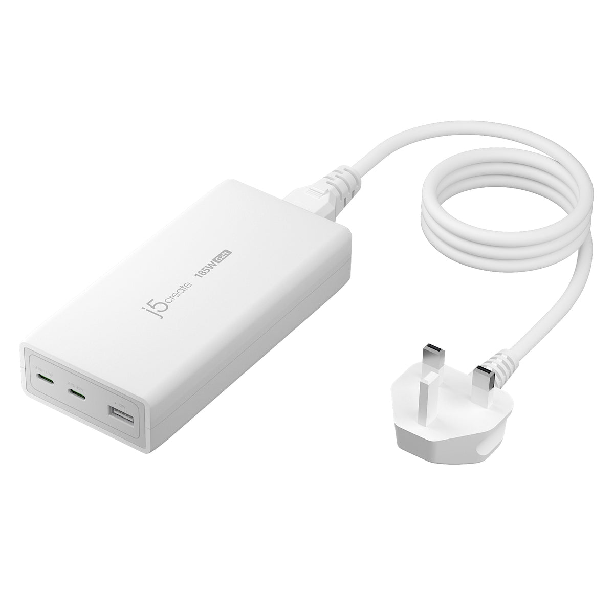 j5create JUP37185W 185W GaN PD 3.1 USB-C® 3-Port Charger-UK, Black